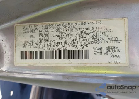 2002 Toyota Tundra Sr5 V8 z USA, uszkodzony, nr VIN 5TBRT34182S302423